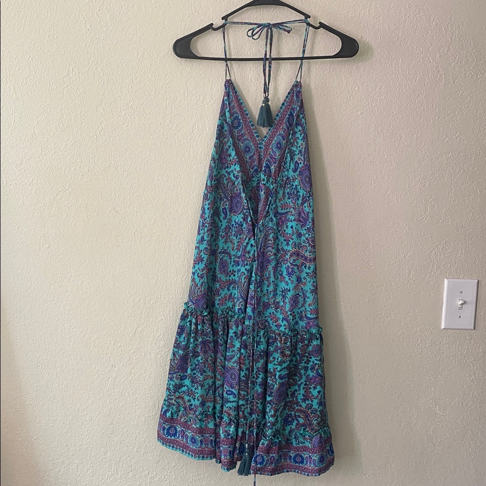 Sleeveless Teal Purple & Pink Silk Floral V-Neck Adjustable Size S M L Dress - Picture 9 of 15